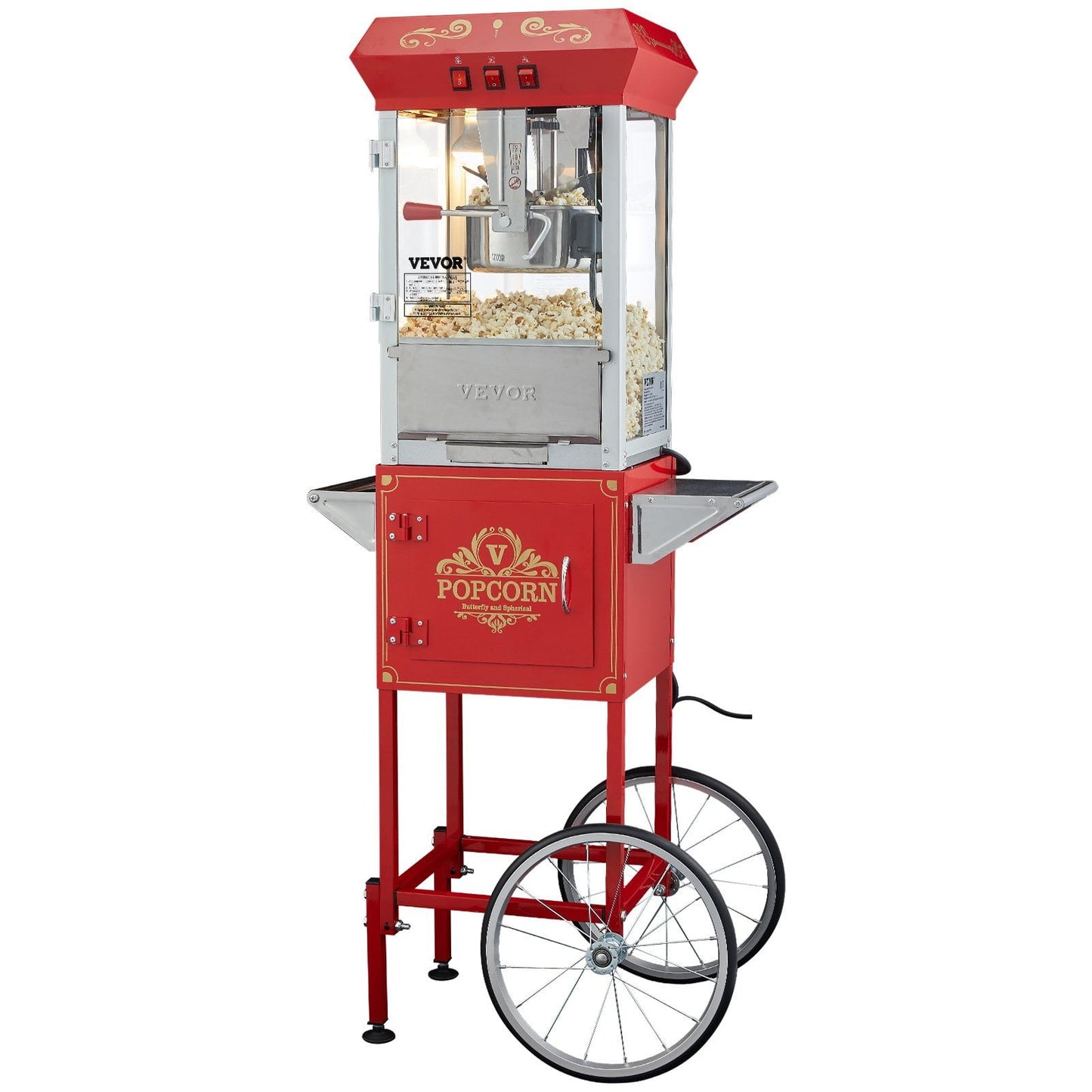 Popcorn Popper Machine 8 Oz Popcorn Maker with Cart, 850W Power, 48 Cups Capacity, Red, Stainless Steel Kettle, Tempered Glass Door, for Home and Commercial Use