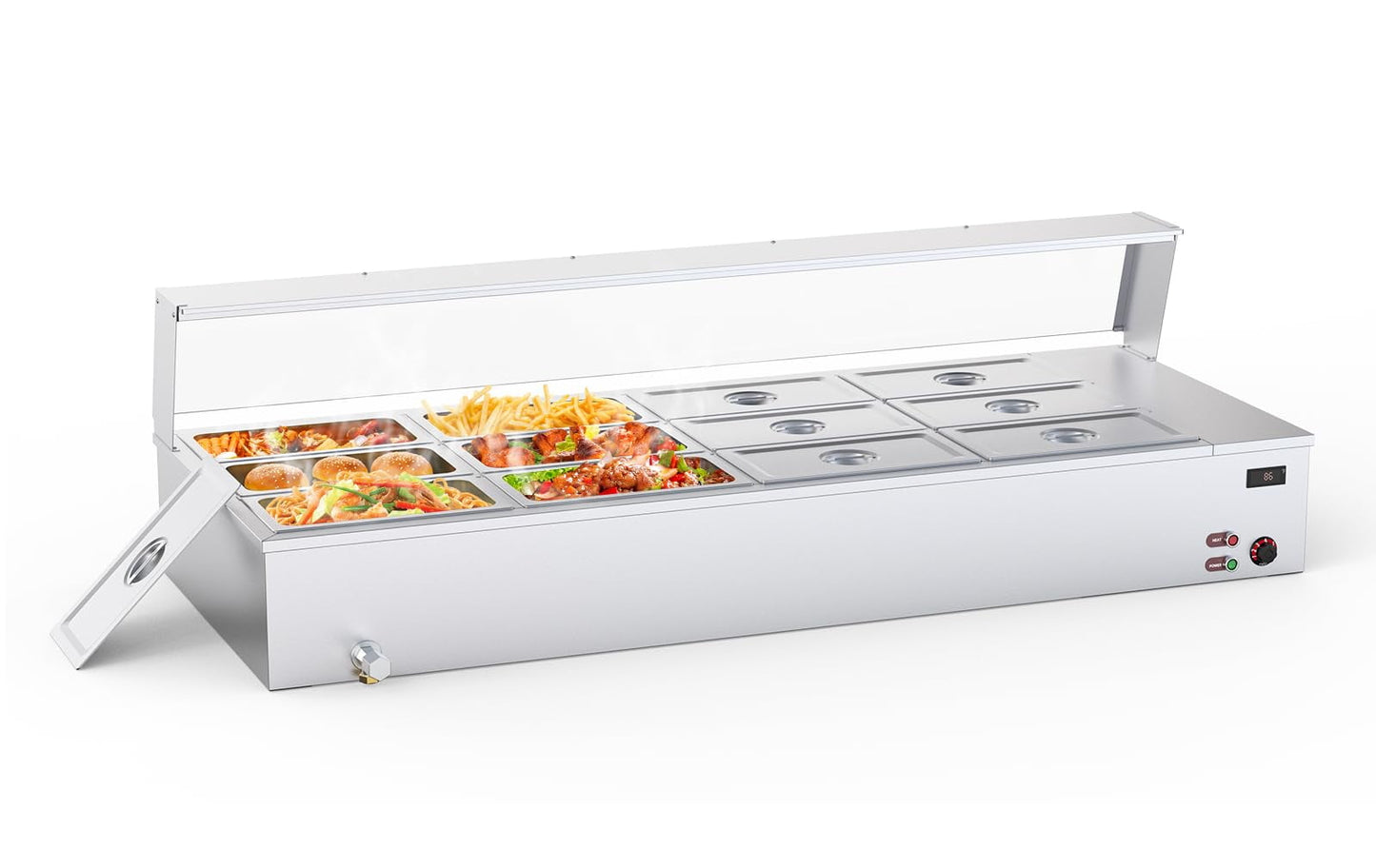 Towallmark 96QT Electric Commercial Food Warmer, 12x8QT Steam Table Stainless Steel Bain Marie Countertop w/Acrylic Shield Temperature Control & Lid for Buffet Party Restaurant 1500W 110V