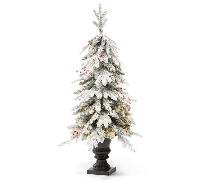 Glitzhome 4FT Pre-Lit Flocked Artificial Christmas Porch Tree