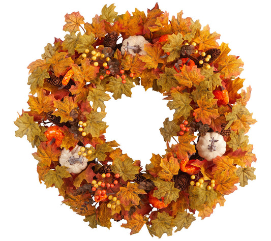 Nearly Natural 30" Autumn Pumpkin & Maple Leafreath