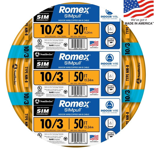 Southwire 50-ft 10/3 Romex SIMpull Solid Indoor CU NM-B W/G Individual Pack (By-the-roll) 63948422