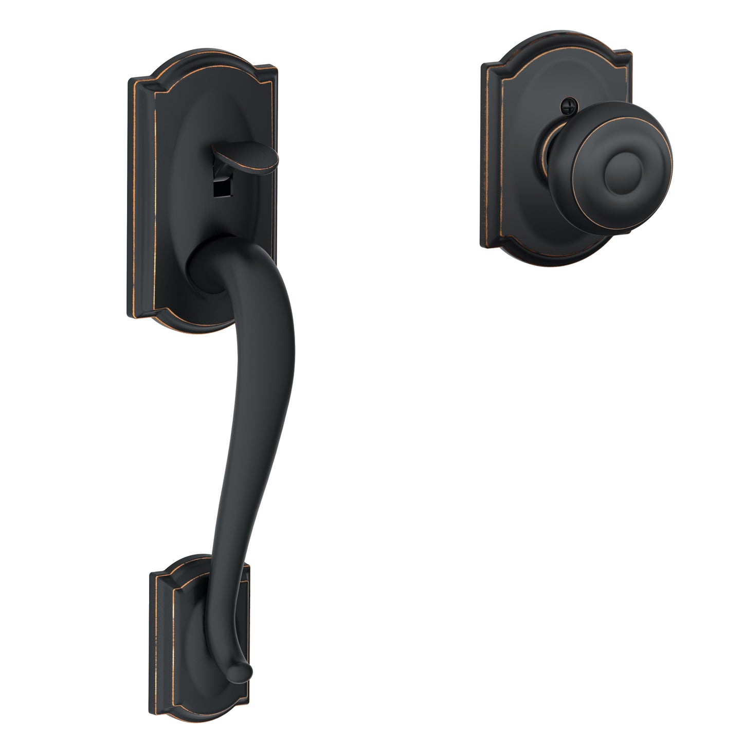Schlage Camelot Aged Bronze Entry Door Handleset Knob FE285GCAM716GEOCAM