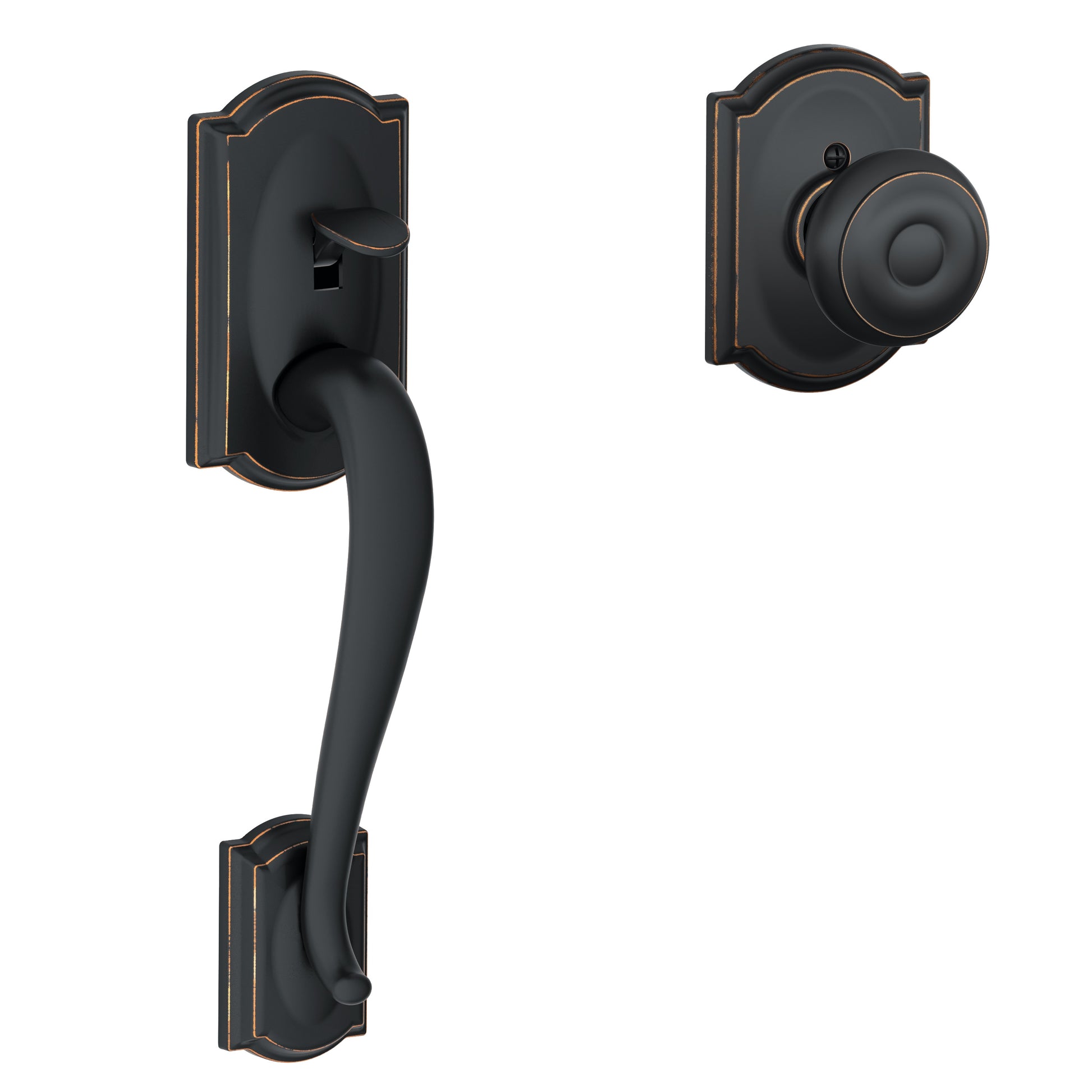 Schlage Camelot Aged Bronze Entry Door Handleset Knob FE285GCAM716GEOCAM