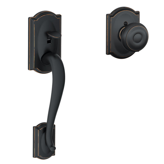 Schlage Camelot Aged Bronze Entry Door Handleset Knob FE285GCAM716GEOCAM