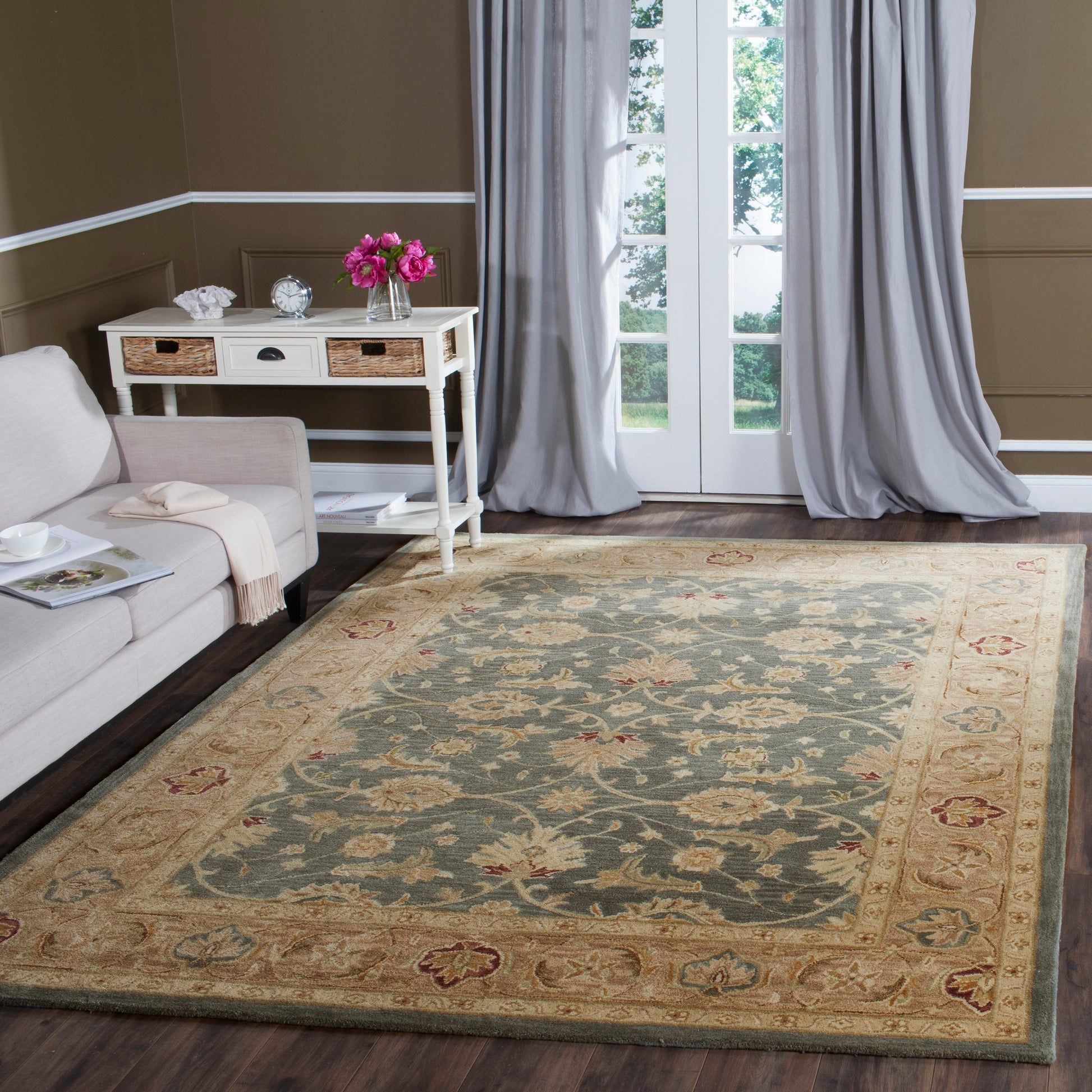 Safavieh Antiquity Gazvin 10 x 14 (ft) Tufted Wool Teal Blue/Taupe Rectangular Indoor Floral/Botanical Vintage Area rug