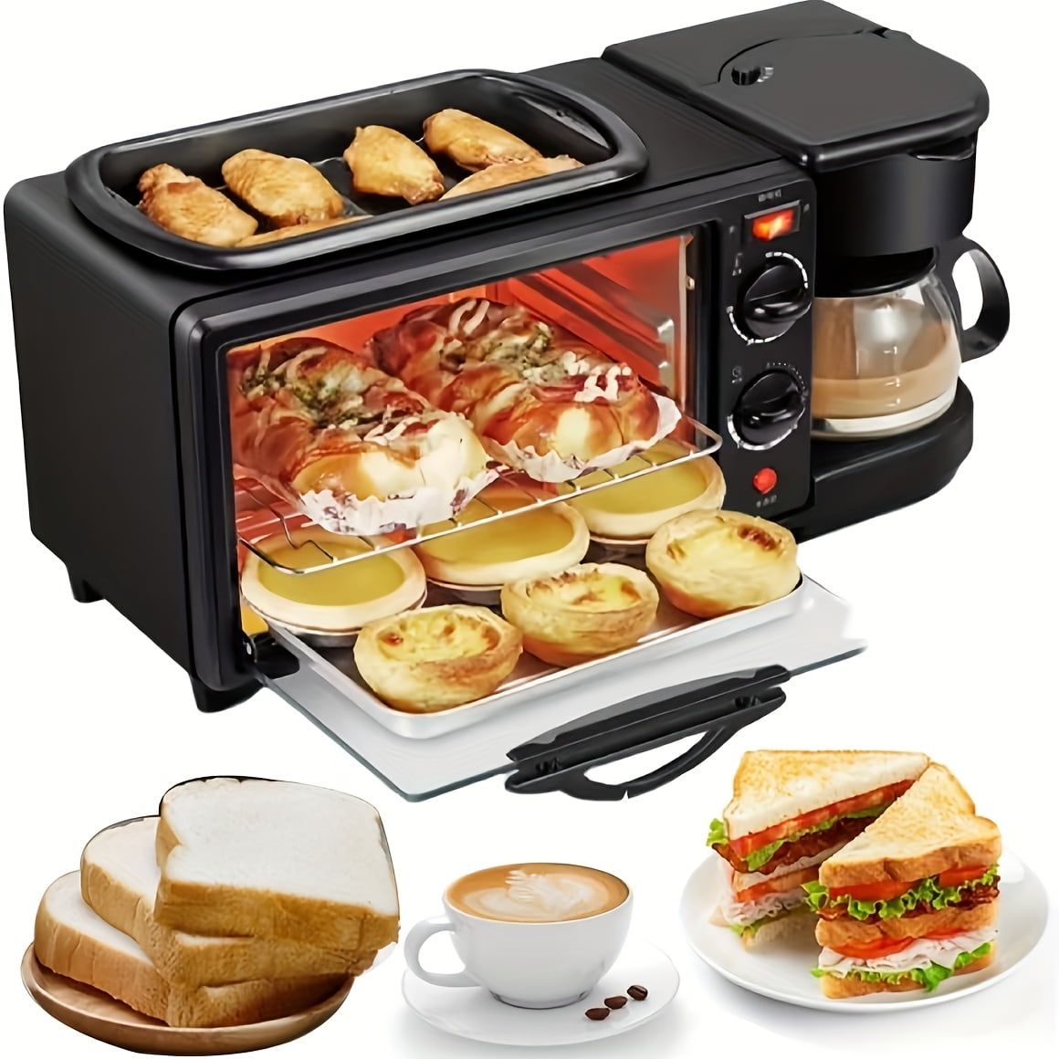 2.38Gal 3-in-1 Breakfast Station: Coffee Maker, Toaster Oven & Frying Pan, Non-Stick Sandwich Maker, Egg, Bacon, Sausage Cooker, Auto Timer, Multifunctional