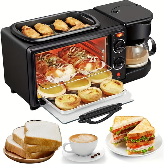 2.38Gal 3-in-1 Breakfast Station: Coffee Maker, Toaster Oven & Frying Pan, Non-Stick Sandwich Maker, Egg, Bacon, Sausage Cooker, Auto Timer, Multifunctional
