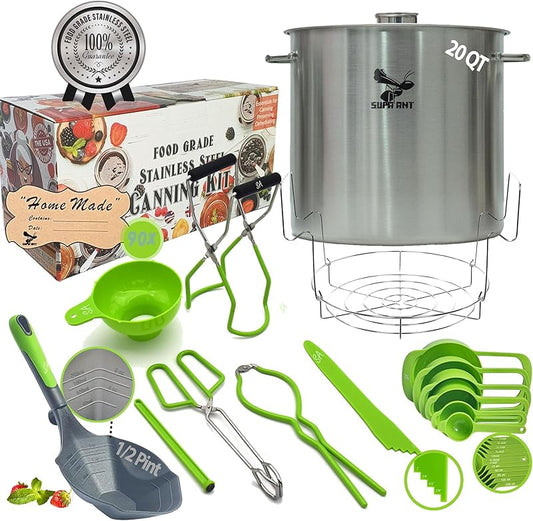 20 Qt. Stainless Steel Water Bath Canning Pot with Canning Supplies Starter Kit - Food Grade Canning Ladle, Measuring Cups,Funnel,Tongs,Jar Lifter& Wrench,Lid Lifter,Bubble Popper, 90x Labels