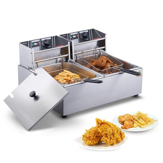 24L Large Capacity 3000W Commercial Electric Deep Fryer with Dual Removable Basket, Stainless Steel Silver Countertop Fryer for Kitchen, Restaurant and Commercial Use