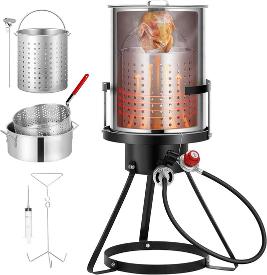 30qt Turkey Deep Fryer and Propane Burner Kit & 10Qt Fish Fryer Boiler with Steamer Set - Aluminum Pot for Outdoor Cooking.