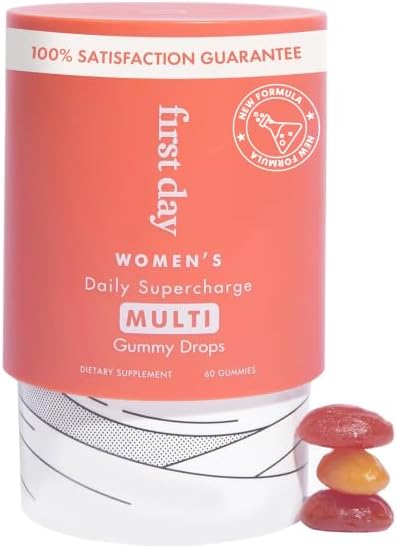 FIRST DAY Women\u2019s Daily Supercharge Multivitamin Gummies \u2013 Vitamins A, B1, B6, B12, C, D3, E & K + Magnesium, Zinc, Biotin \u2013 Made w\/Organic Fruits & Veggies, Only 2g Sugar \u2013 30 Day Supply