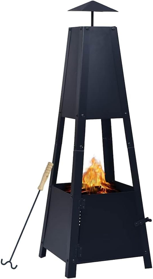 Fire Pit Black 13.8"x13.8"x39" Steel Outdoor Pyramid Design, Patio Heater with Poker, Backyard Bonfire Stove