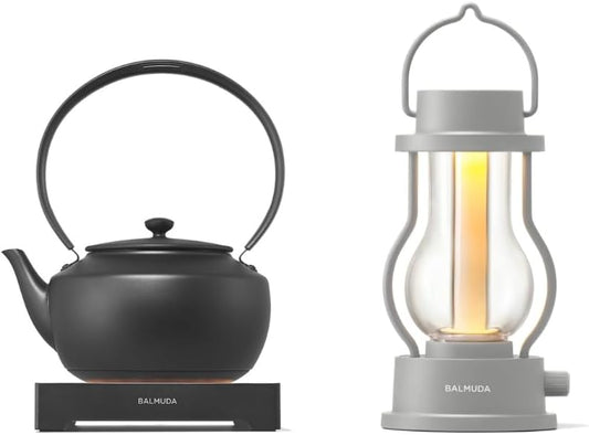 BALMUDA Combo Pack: MoonKettle Black & The Lantern Gray | Electric Kettle with Temp Control & Rechargeable LED Lantern
