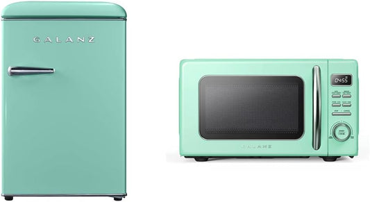 Galanz GLR25MGNR10 Retro Compact Refrigerator, Mini Fridge & GLCMKZ07GNR07 Retro Countertop Microwave Oven with Auto Cook & Reheat, Defrost, Quick Start Functions, Pull Handle.7 cu ft, Green