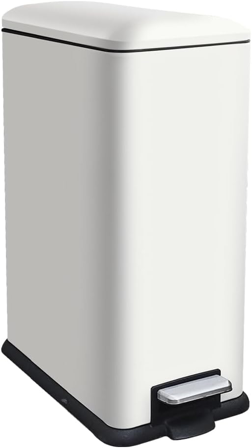 JM ·YIPENG 12 Gallon Slim Kitchen Trash Can, Rectangular Trash Can with Removal Inner Bucket and Soft-Close Lid, Foot Pedal, Stainless Steel Garbage Can 45 Liter, White