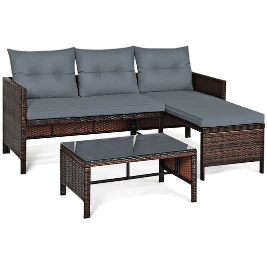 Clihome 3 -Piece Rattan 2 Patio Sofa Conversation Set with Gray Cushions