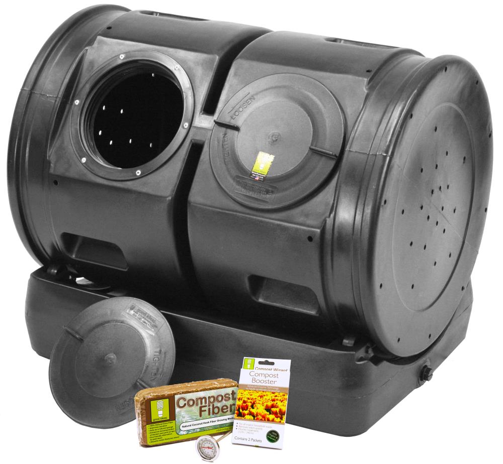Good Ideas Black Outdoor Compost Tumbler with Compost Tea Reservoir, Child Safe, Twist Lid - 7 cu. ft. Capacity, Includes Accessory Kit CW-2XS007-BLK
