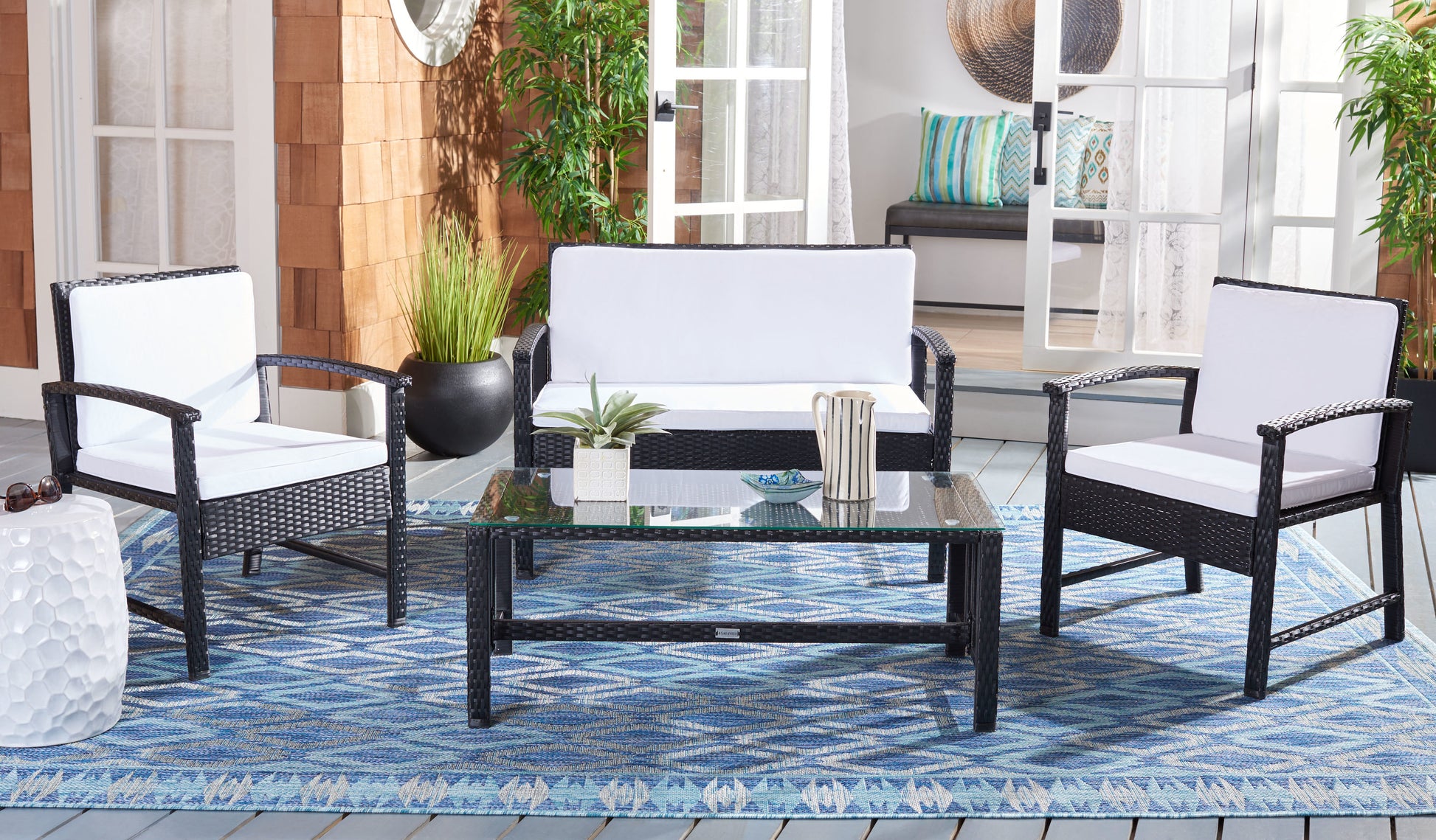 Safavieh Krissy 4 -Piece Wicker Patio Conversation Set with White SAFAVIEH Cushions