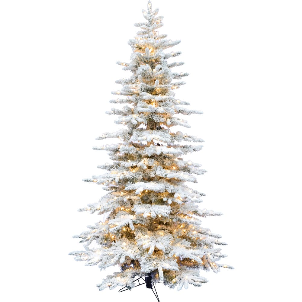 Fraser Hill Farm 7.5-ft Valley pine Pre-lit Flocked White Artificial Christmas Tree with Clear Incandescent Lights