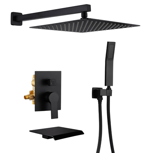 WELLFOR Matte Black 12-in Waterfall Dual Head Built-In ShowerÂ FaucetÂ System with 3-way Diverter ( Pressure-balanced Valve Included )