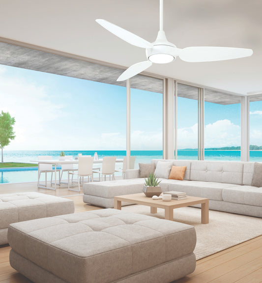 Minka Aire Seacrest 60-in Flat White Integrated LED Indoor/Outdoor Smart Propeller Ceiling Fan with Light and Remote (3-Blade) F675L-WHF