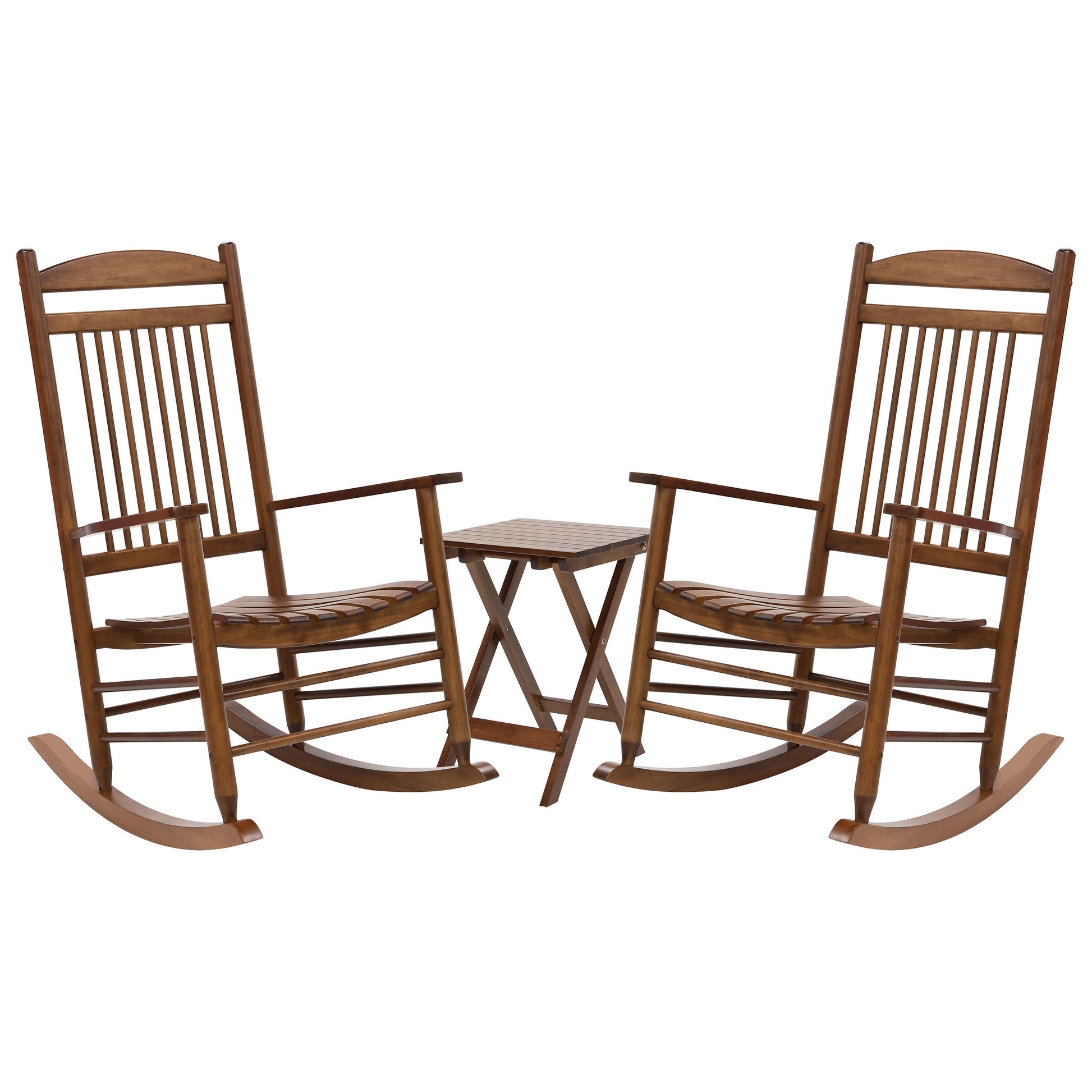 VEIKOUS 3-Piece Set of 2 Teak Wood Frame Rocker Rocking Chair with Brown Slat Seat