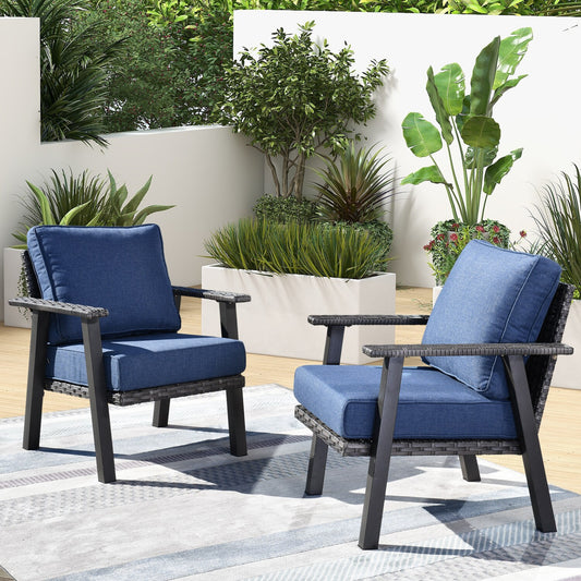 XIZZI Pisces Set of 2 Wicker Gray Iron Frame Stationary Conversation Chair with Blue Cushioned Seat