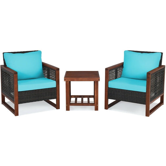 CASAINC 3 -Piece Rattan Patio Conversation Set with Blue Cushions