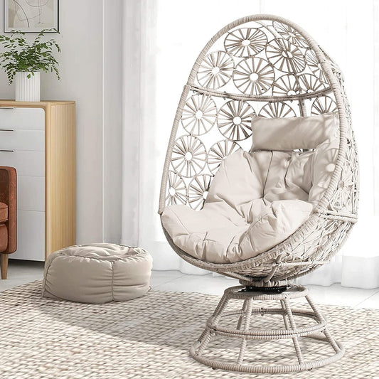 PEAK HOME FURNISHINGS Egg chair Rattan Black Metal Frame Swivel Egg Chair with White Olefin Cushioned Seat