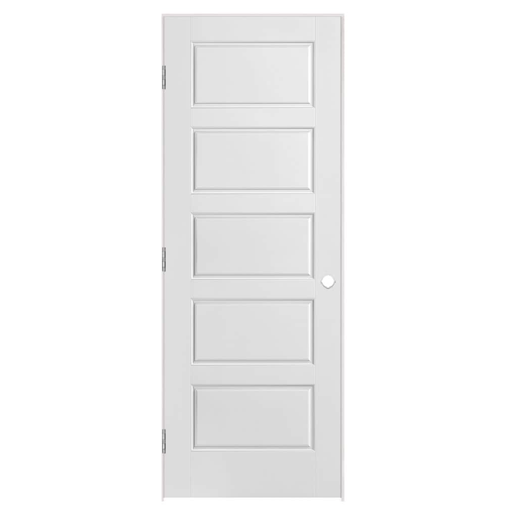 Masonite 30-in x 80-in Primed Solid core 5-panel equal Right hand Smooth Primed Molded composite Flat Jamb Single Prehung Interior Door