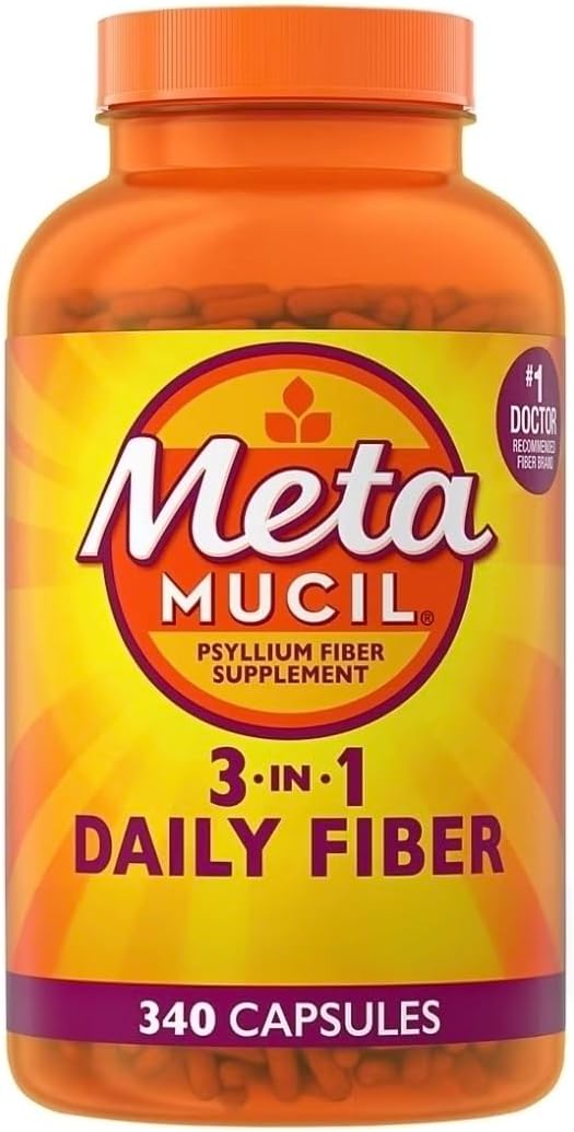 Metamucil 3-in-1 Fiber Capsules, Daily Psyllium Husk Fiber Supplement for Digestive Health, Plant Based Fiber Supplement, 340 Capsules (Pack of 1)