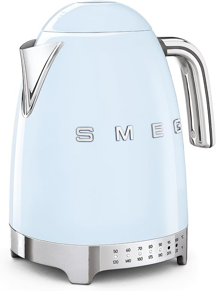 SMEG 7-Cup Variable Temperature Electric Kettle - Retro Style Aesthetic with Advanced Technology - Stainless Steel, 1400W, 120V, 360° Swivel Base, Keep Warm Function (Pastel Blue)