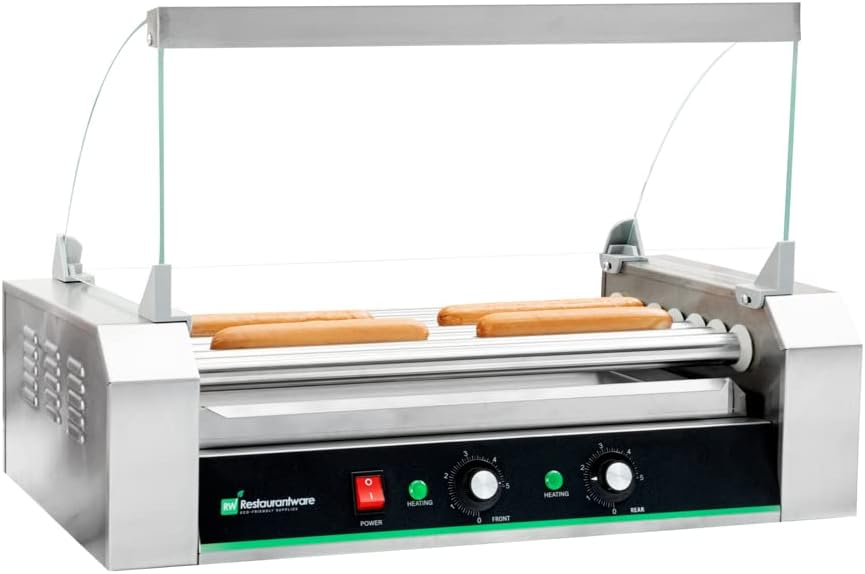 Restaurantware Hi Tek Hot Dog Spinner 1 Curved Glass Sneeze Guard Hot Dog Cooker - Dual Temperature Controls Removable Drip Tray Stainless Steel Hot Dog Roller No-Slip Feet Fits 18 Hot Dogs