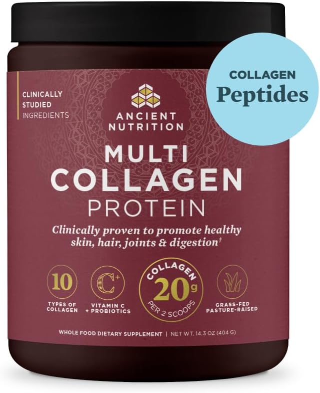 Ancient Nutrition Collagen Peptides Powder, Multi Collagen Protein, Women & Men, Vitamin C, Probiotics, Hydrolyzed Collagen, Supports Skin, Joints, Gut Health, Unflavored, 40 Servings