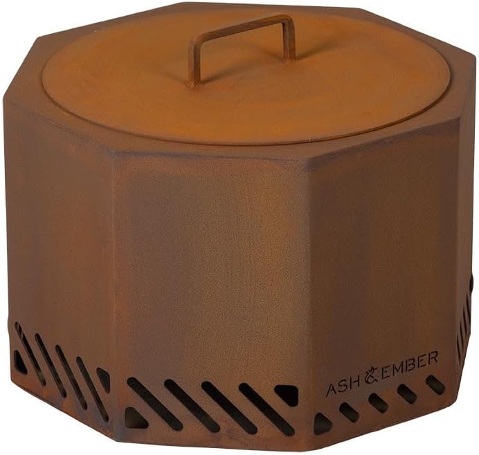 Ash & Ember 19.5" Corten Steel Dual Flame Smokeless Fire Pit with Lid, Ultra-Efficient Enclosed Airflow Design, Backyard Smokeless Outdoor Fire Pit, Will Patina Overtime