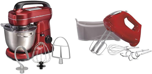 Hamilton Beach Electric Stand Mixer, 4 Quarts, Dough Hook, Flat Beater Attachments & 6-Speed Electric Hand Mixer with Whisk, Traditional Beaters, Snap-On Storage Case