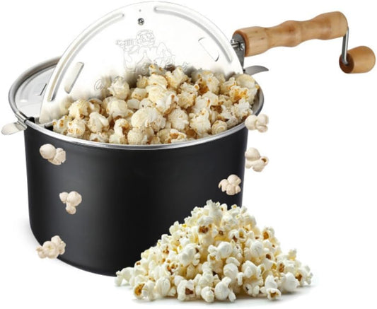 Stovetop Popcorn Maker \u2013 6.5-Quart Popper Pan with Wooden Crank Handle and Internal Kernel Stirrer by Great Northern Popcorn (Black)