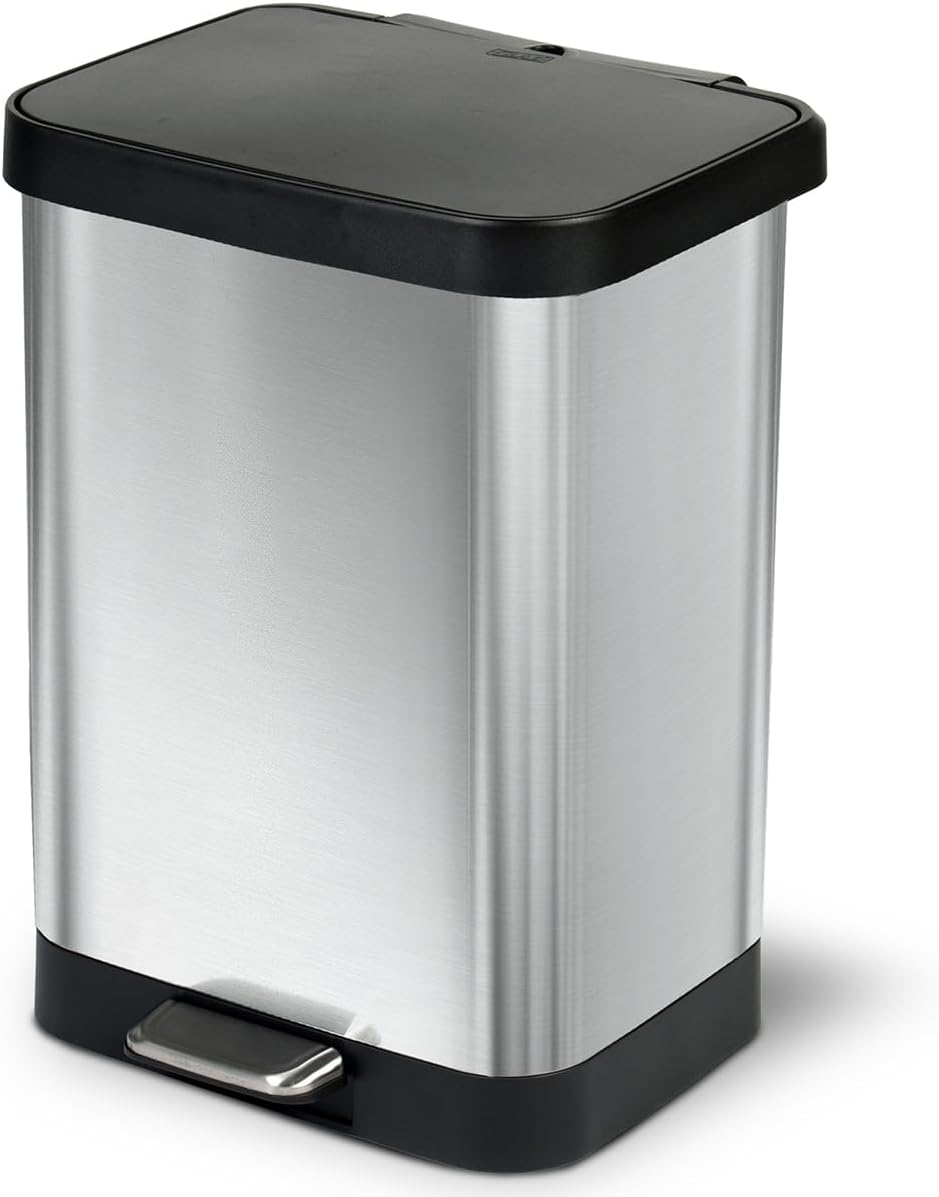 Glad GLD-74506 Stainless Steel Step Trash Can with Clorox Odor Protection | Large Metal Kitchen Garbage Bin with Soft Close Lid, Foot Pedal and Waste Bag Roll Holder, 13 Gallon, Stainless