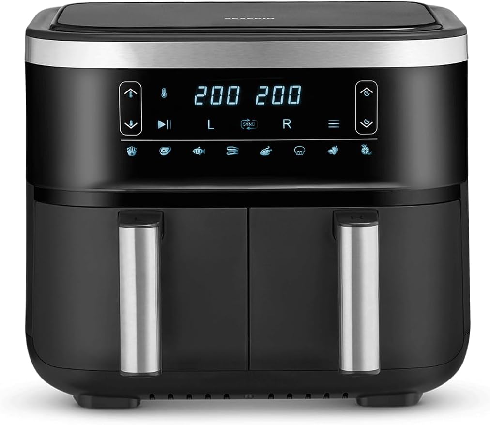 SEVERIN FR 2453 Double Hot Air Fryer with 2 Baking Compartments of 3.8 L, XXL for healthy cooking, 8 programs, fat-free fryer with dehydration function, 2850 W,