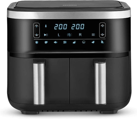 SEVERIN FR 2453 Double Hot Air Fryer with 2 Baking Compartments of 3.8 L, XXL for healthy cooking, 8 programs, fat-free fryer with dehydration function, 2850 W,