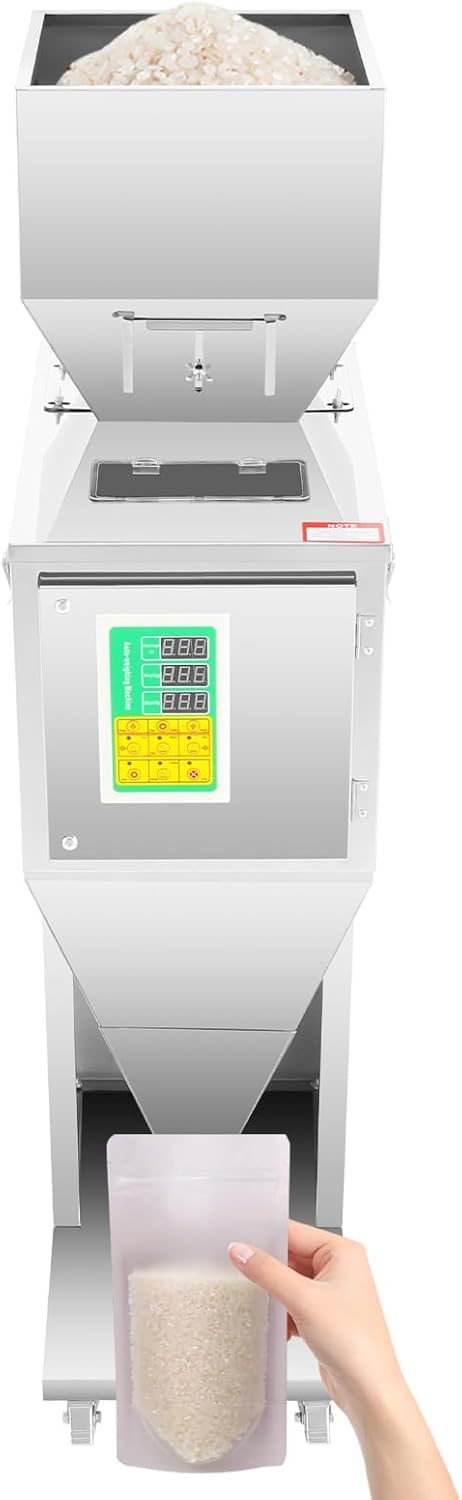 Commercial Automatic Filling Machine 200W 110V | Stainless Steel Food Packaging System w/Smart Control Dual Vibration Tech & Wheels | Bottle Bag Filler for Grains, Tea, Coffee (0.02-2.2lb Adjustable)