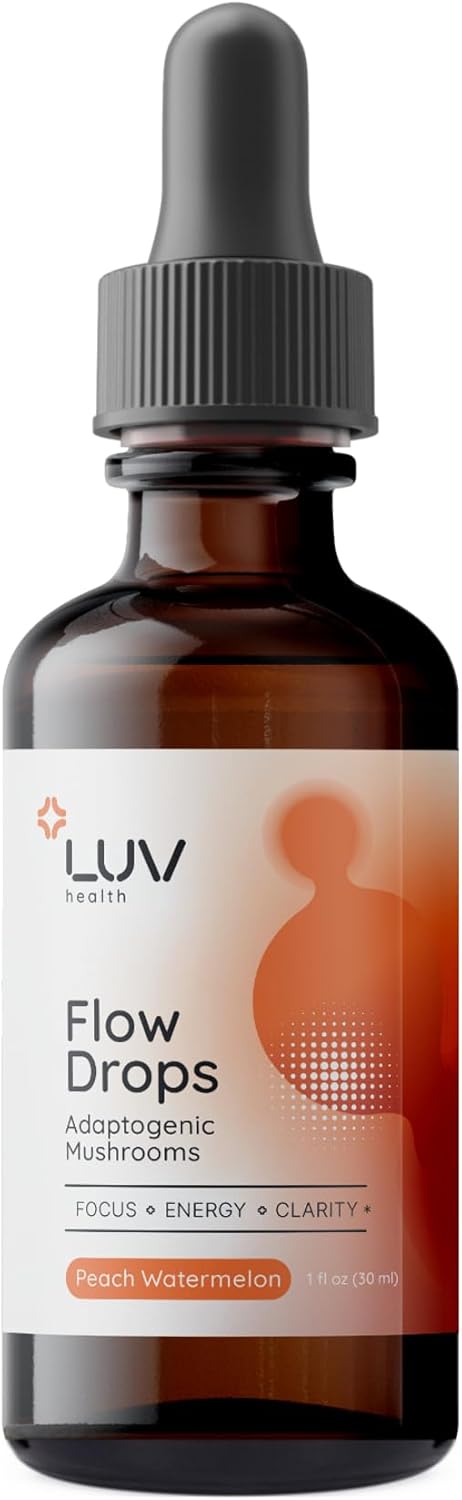 LUV health Flow Drops® – Energy Supplement for Focus, Mental Clarity & Immune Support - Adaptogenic Mushrooms with Lion’s Mane, Cordyceps, Reishi, Chaga & Turkey Tail – Vegan, Made in USA 30 Servings