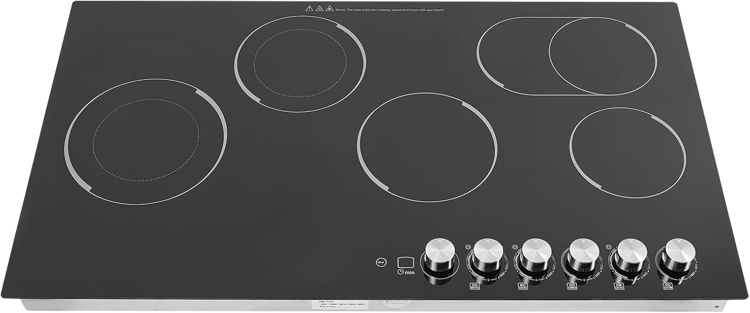 Resfirme 5 Burner Electric Cooktop 110V Electric Stove Top with Independent Knob Child Lock,5 Power Levels Ceramic Cooktop for Kitchens (36Inch)（No Plugs）