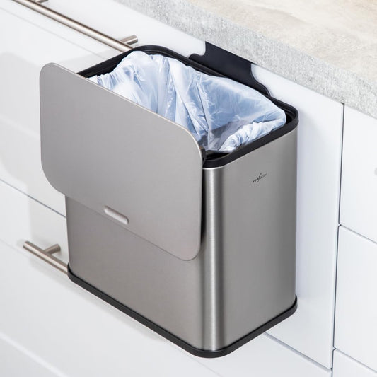 RED FACTOR Stainless Steel Hanging Trash Can with Lid and Inner Bucket \u2013 Slim 1.3 Gallon Odor-Free Compost Bin for Kitchen Cabinet, Countertop, Under Sink, or Bathroom (Metallic Gray)