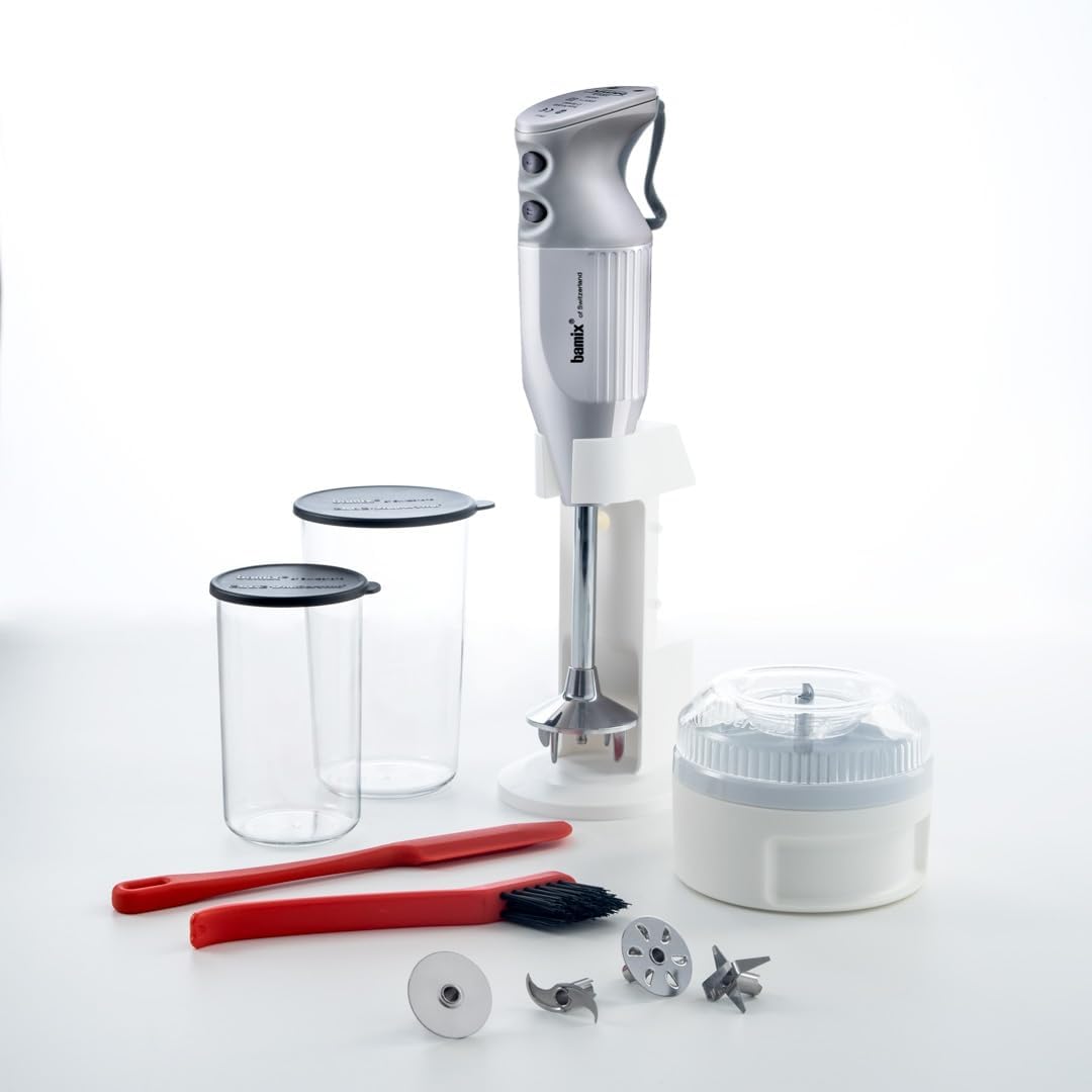bamix® of Switzerland M200 MAXX SET 2-Speed Stick Blender\/Immersion Blender, White \u2013 Comes with 4 Multipurpose SS Blade, Beater, Whisk, Meat Mincer, Stand and Accessory Set.