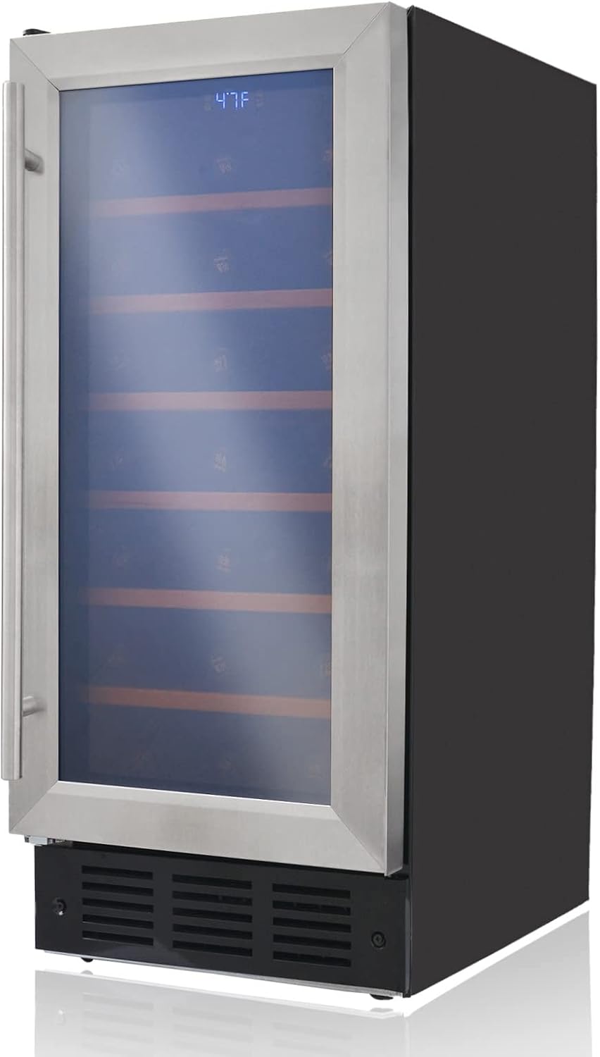 15 Inch Under Counter Wine Cooler Refrigerator, 31 Bottle Freestanding Compressor Wine Fridge, Wine Cellar with Beech Wood Shelf, Digital Thermostat and Glass Door, Stainless Steel & Black