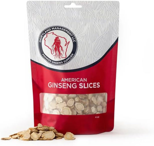 Dairyland American Ginseng Slices - 4 oz Pack Wisconsin Ginseng Slices \u2013 Certified Something Special from Wisconsin - Non-GMO, Gluten Free Sliced Root - Herbal Supplement in Soup, Tea, Congee