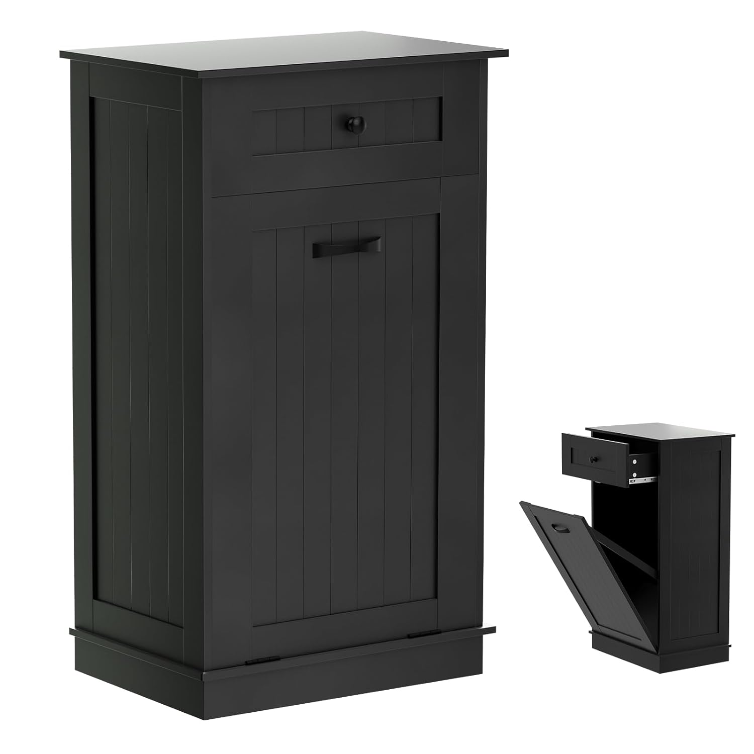 Visionwards Wooden Tilt Out Trash Cabinet Bin, Dog Proof Garbage Can Holder, Kitchen Island with Laundry Hamper, Black