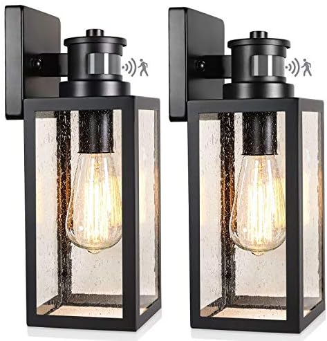 2-Pack Motion Sensor Outdoor Wall Lanterns, Upgrade Dusk to Dawn Sconce, Waterproof Porch Light Fixtures Wall Mount with Seeded Glass for Entryway Doorway Garage, E26 Socket, PIR Motion Activated