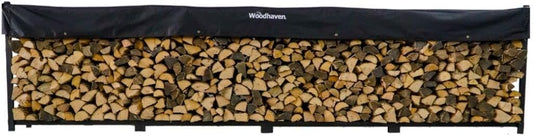 Woodhaven 16 Foot Black Large Outdoor Firewood Rack With Seasoning Cover - 1 Cord Fire Log Holder - Powder Coated Steel Firewood Holder - Made In USA (Cover)